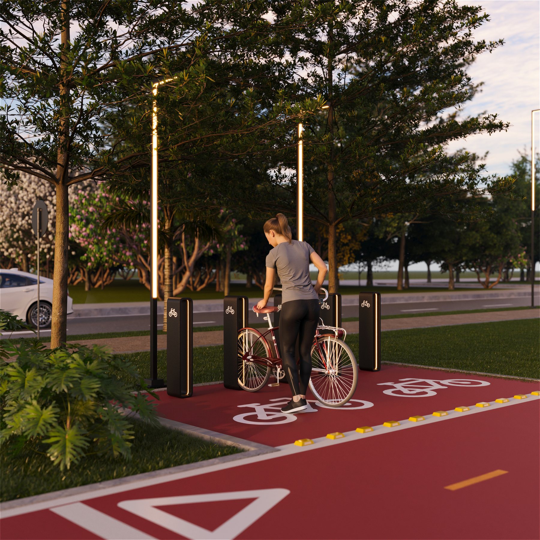 Maquete eletronica de estacao de bicicletario junto a ciclovia vermelha sinalizada, com postes de iluminacao e arborizacao lateral