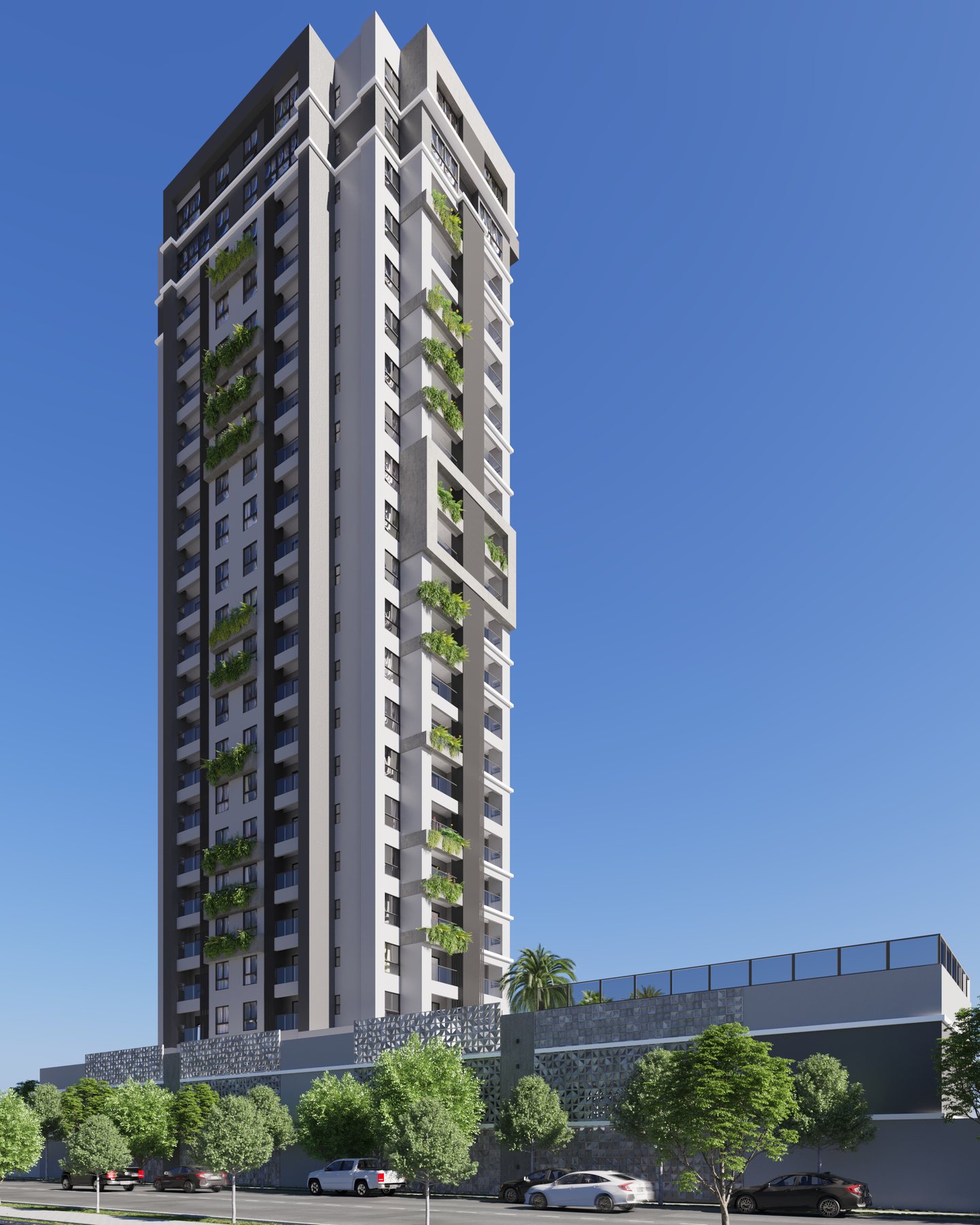 Maquete eletronica da fachada do Edificio Alta Vista, em Rondonopolis, edificio residencial de multiplos pavimentos com jardins verticais nas sacadas, embasamento comercial e arborizacao na via