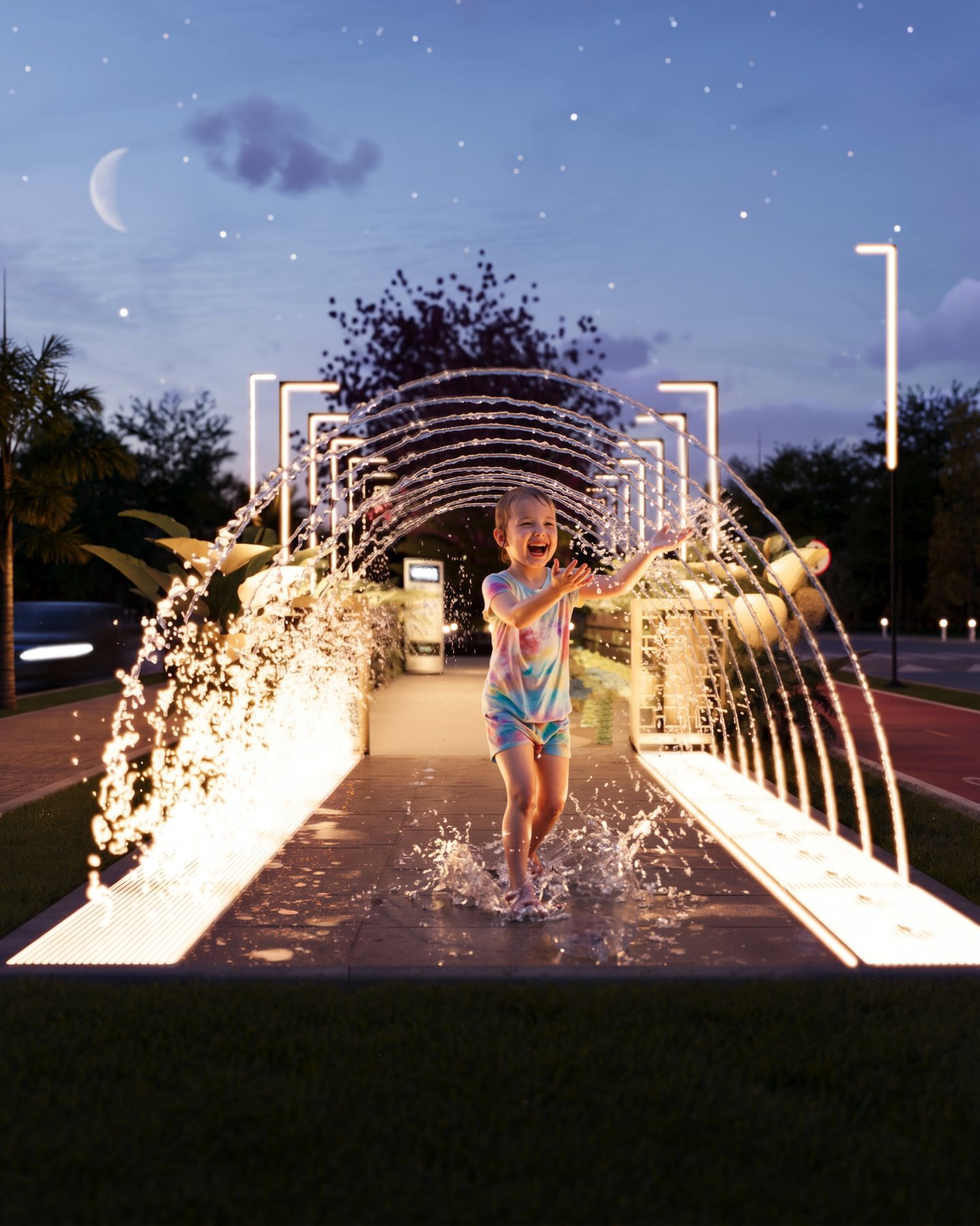 Maquete eletronica noturna de fonte interativa em parque linear, com jatos de agua iluminados formando arcos sobre o piso molhado e uma crianca correndo entre eles