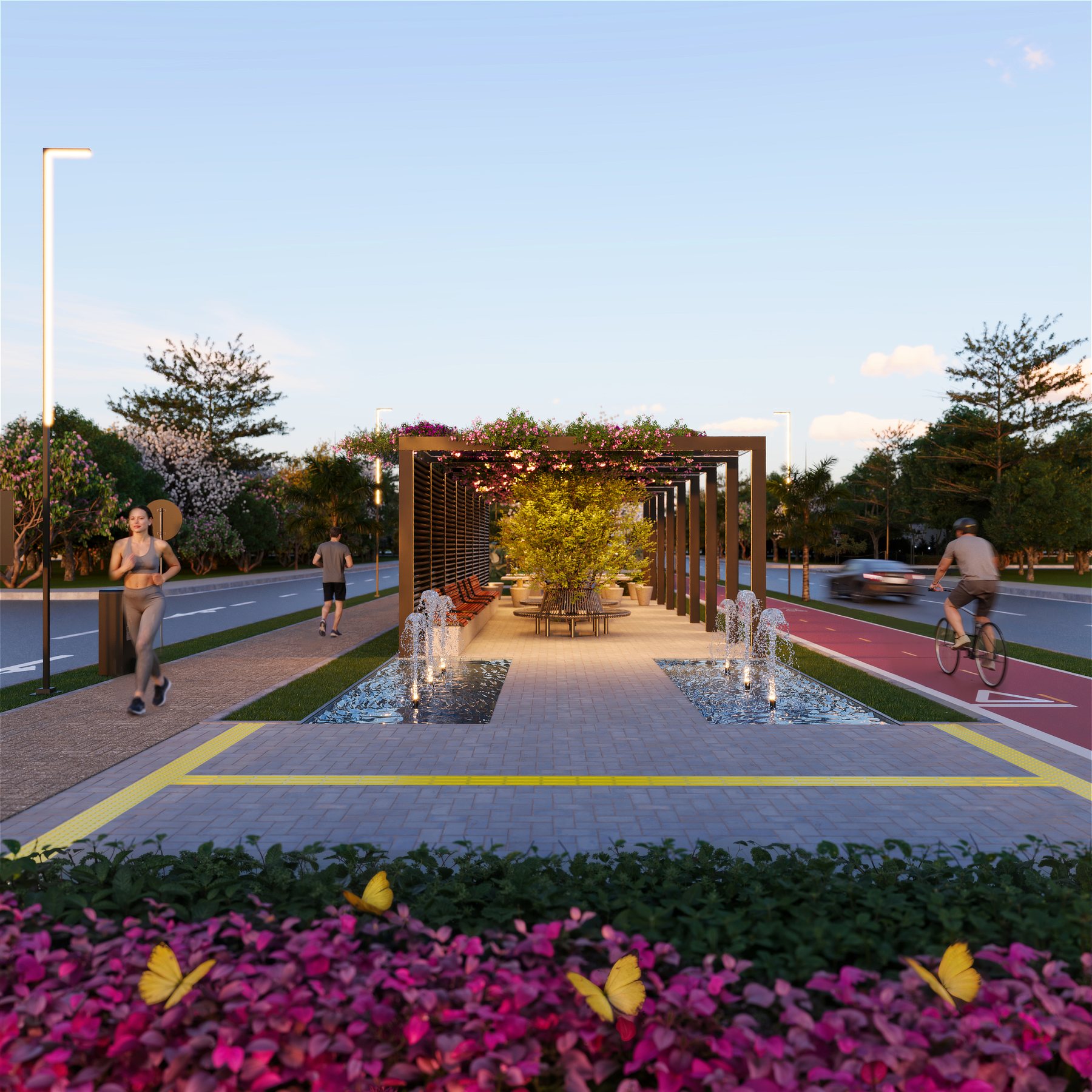 Maquete eletronica da vista geral de um parque linear em Rondonopolis, com espelho de agua central, canteiro florido, ciclovia e pergolado ao fundo