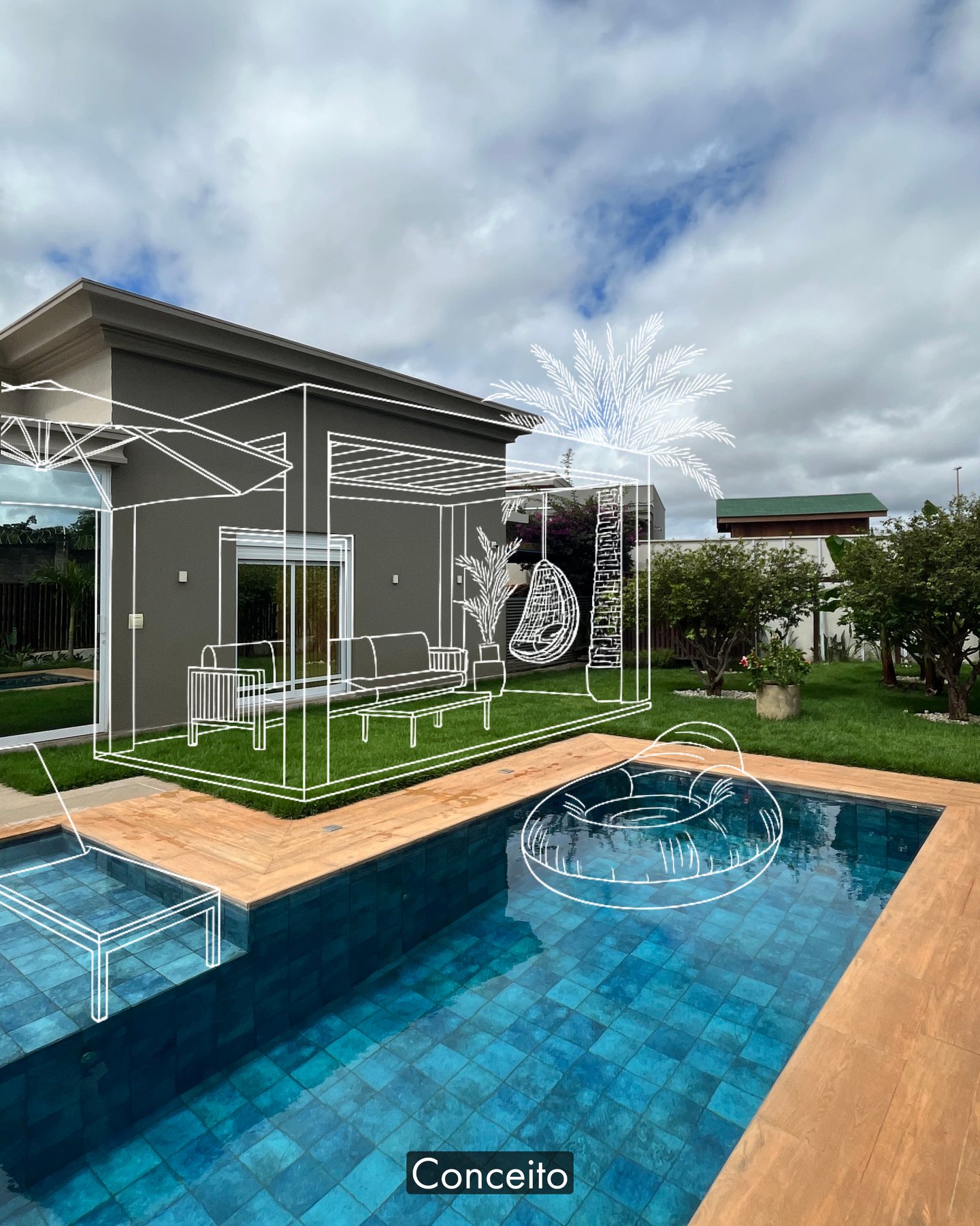 Estudo do pergolado desenhado em linha branca sobre a foto do local, mostrando a implantação proposta junto à piscina