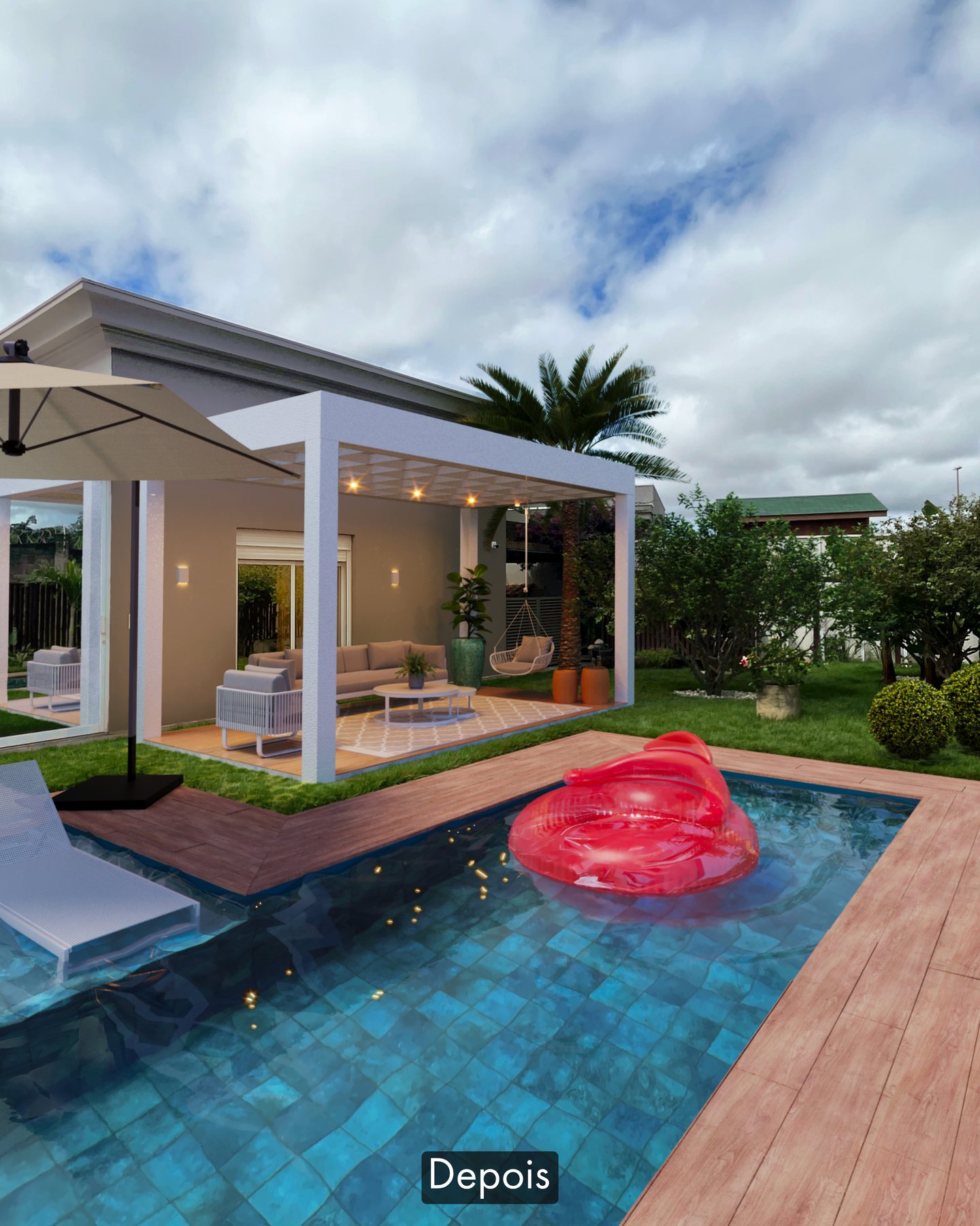 Pergolado metálico de 5 por 3 metros em projeto de arquitetura para área de piscina, com estar externo, poltrona suspensa e iluminação em trilho
