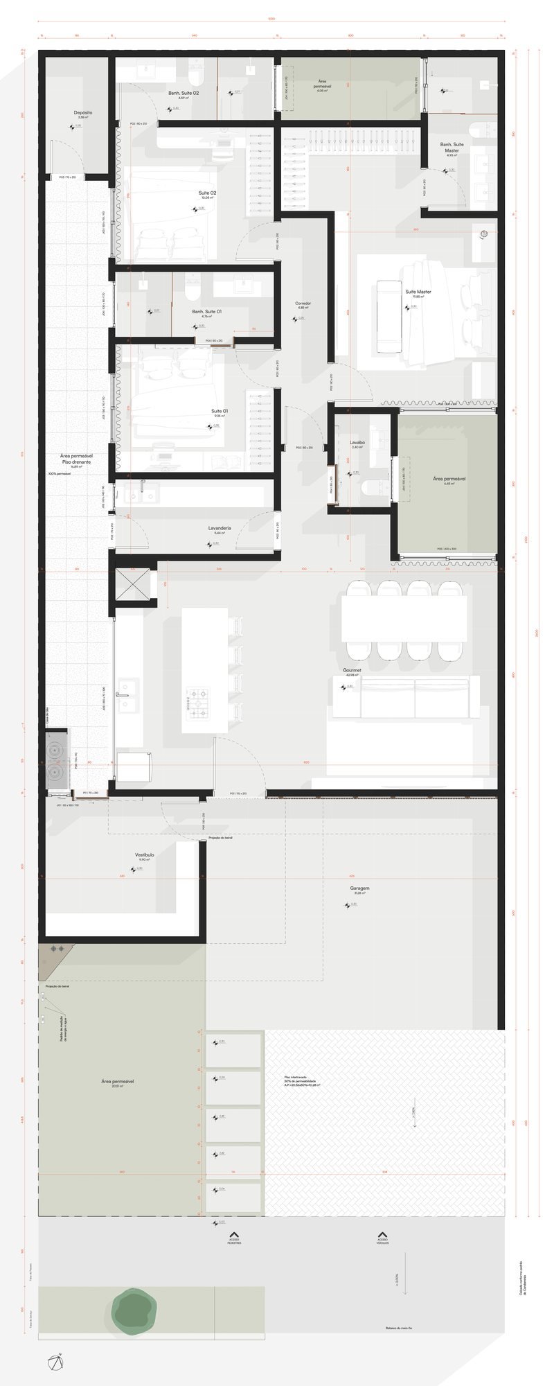 Planta baixa de residencia terrea com tres suites, area gourmet e garagem, com areas permeaveis demarcadas e cotas de cada ambiente